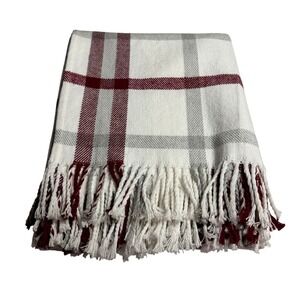 Boll & Branch Throw 50x70 Organic Cotton Blanket White Red Gray Plaid‎ Fringe